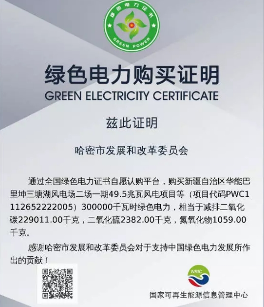 哈密市政府購(gòu)買綠證 踐行綠色消費(fèi)理念