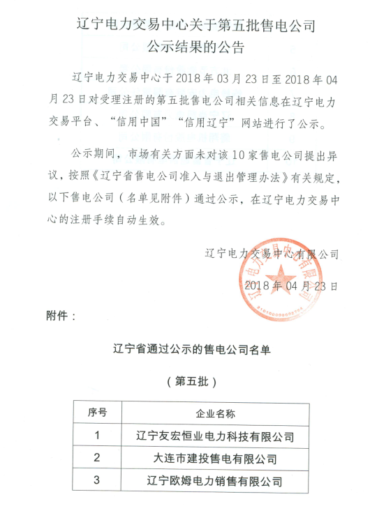 【遼寧電力交易中心】《關(guān)于第五批售電公司公示結(jié)果的公告》
