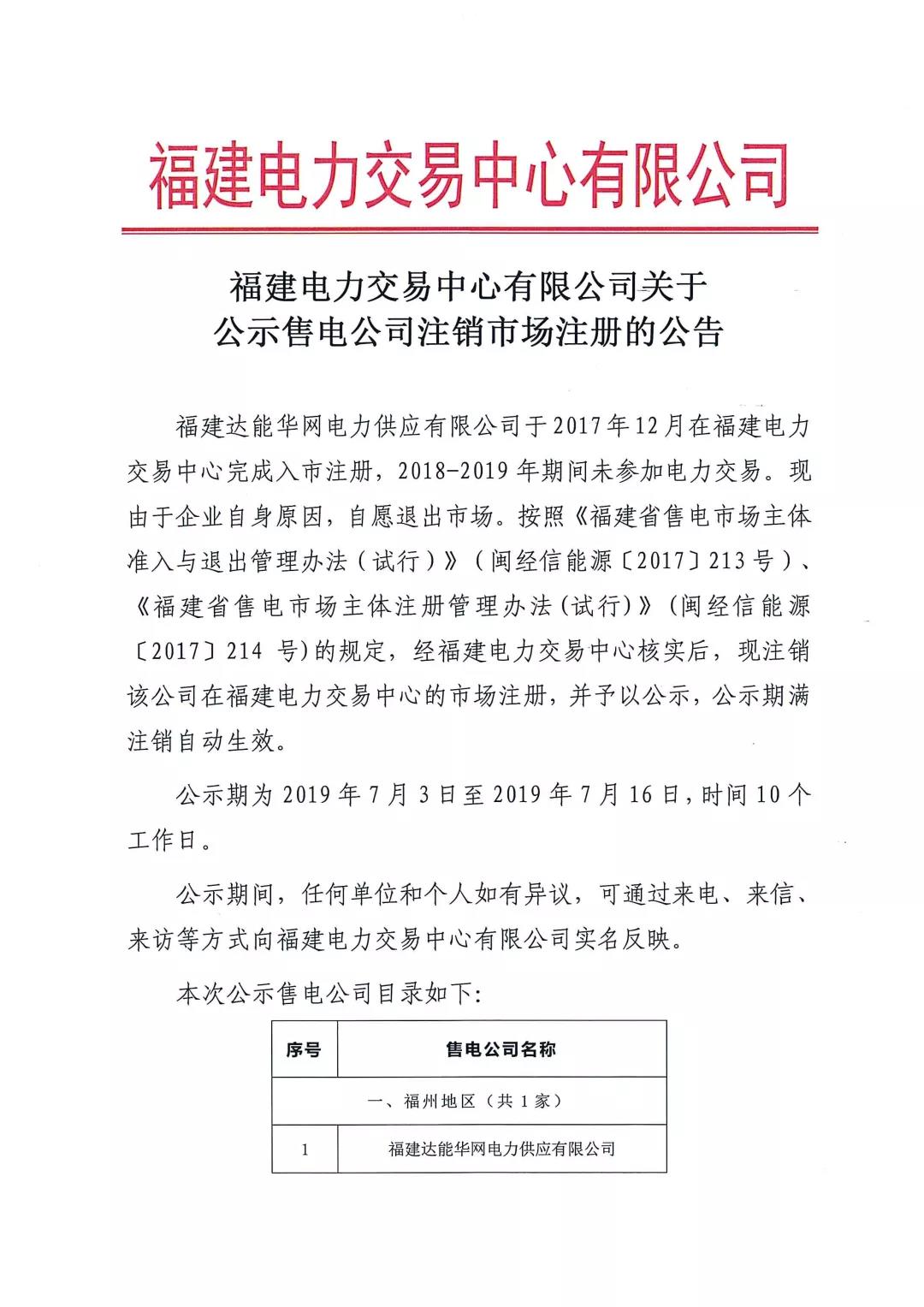 福建公示注銷1家售電公司