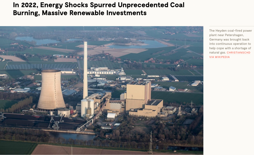 2022年能源危機導致煤炭消費反彈，但可再生能源投資上升更快